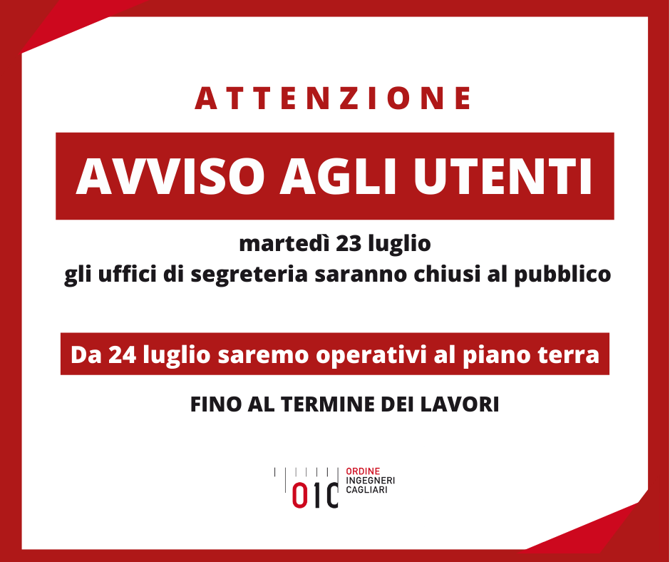 Gli uffici di Segreteria al primo piano saranno chiusi per lavori di manutenzione